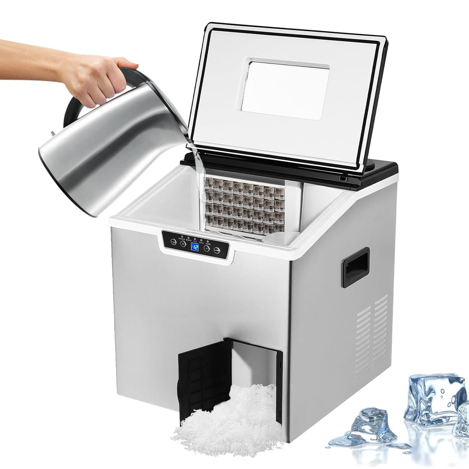 Countertop Ice Maker, 2 In 1 Ice Making and Crushing Machine with LED Touch Panel, 1.8L Commercial Self Dispensing Nugget Maker, One Click Operation, for Parties, Kitchen, Bar