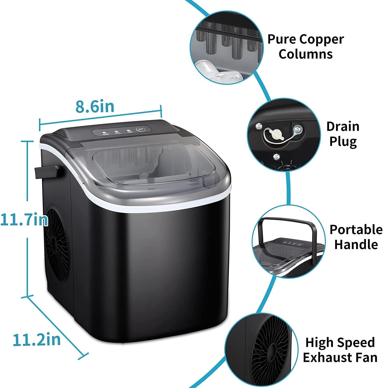 Portable ice maker Machine with Self-ing, 26.5lbs/24Hrs, 6 Mins/9 Pcs Bullet Ice, Ice Scoop and Basket, mini ice maker countertop ice maker nugget ice (Color : Black) - Image 2
