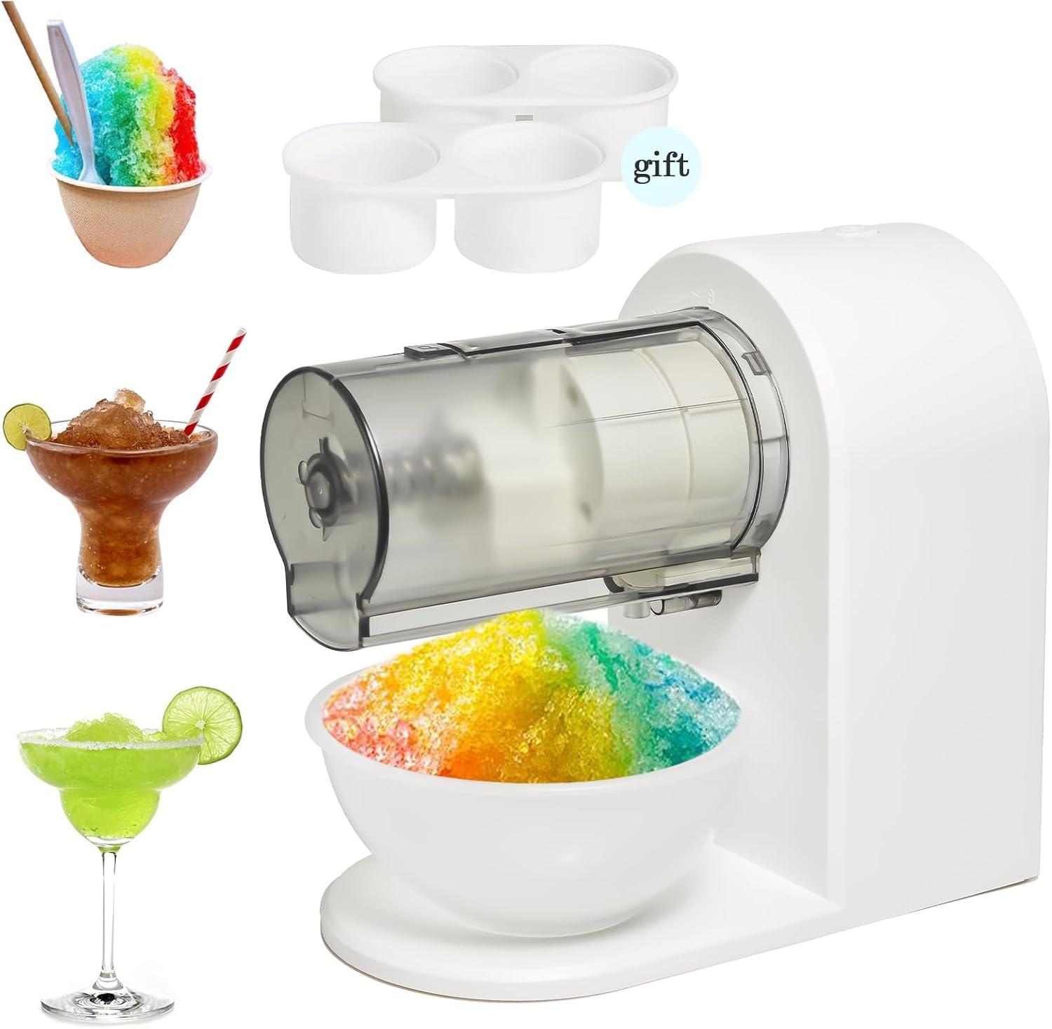 Snow Cone Shaved Ice Machine Electric Ice Shaver Machine with 2 Usable Plastic Ice Mold Cups Portable Snow Cone Maker for Home,Kids Party,Easy to DIY,White