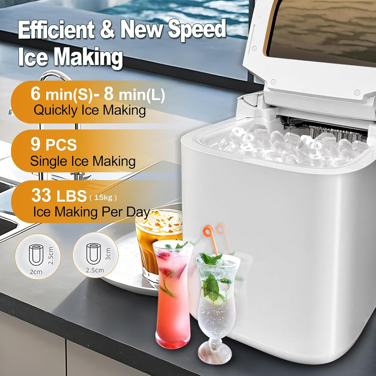 Countertop Ice Maker, Portable Ice Maker Machine, Nugget Ice Maker Countertop, Self-ing Ice Machine, Makes 9 Ice Cubes In 6 Mins, Produces 15kg/24h, Includes Scoop And Basket For Parties - Image 2