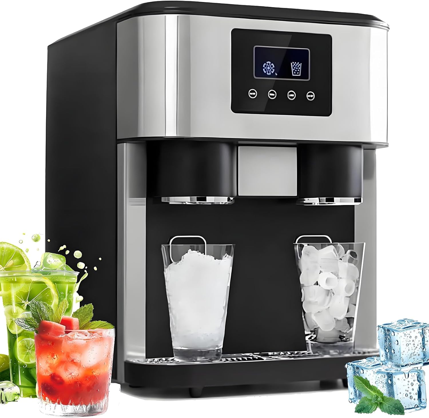 3-in-1 Ice Maker Machine Counter Top, Ice Crusher Machine,16 Ice Cubes In 9 Mins, 2 Sizes Of Ice, 15 Kg In 24 Hrs, 2 Water Inlet Methods, Ice Cube Maker & Cold Water Dispenser For Bar, Office