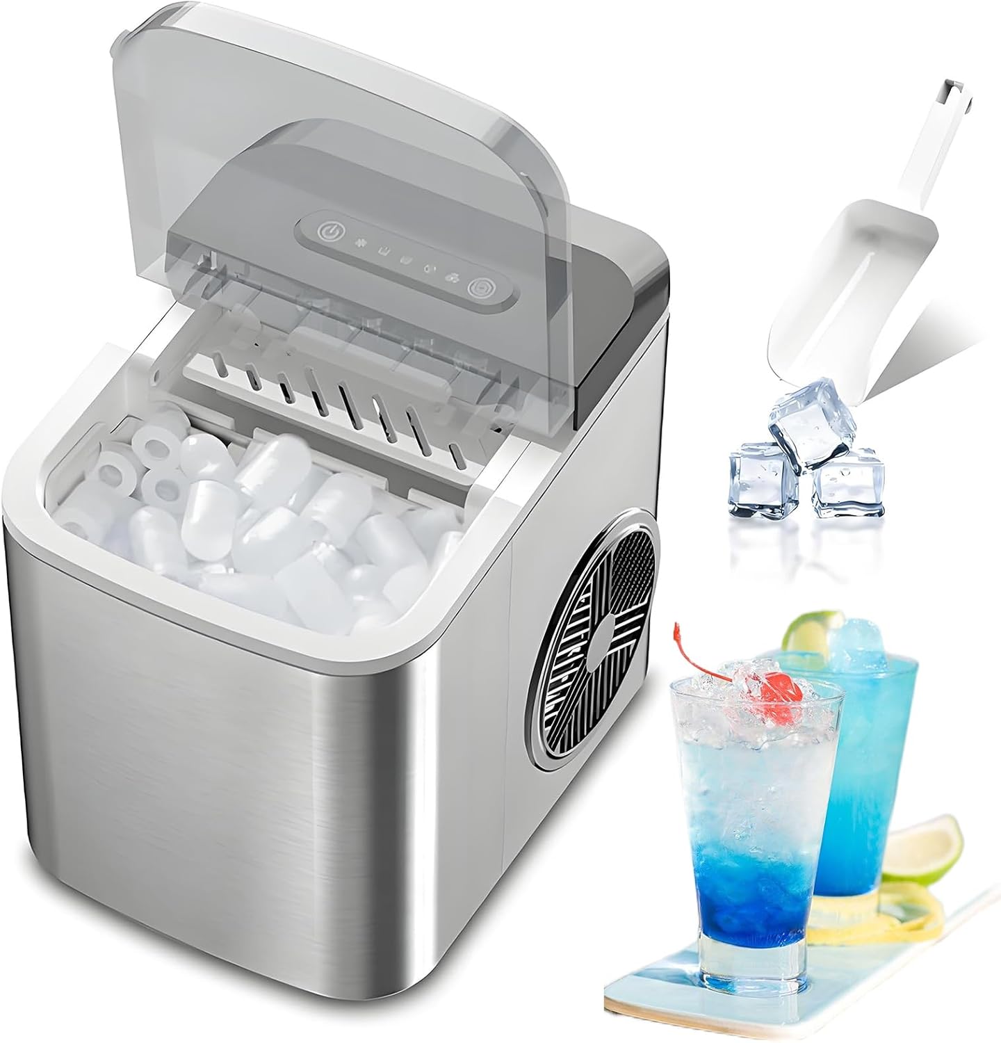 Ice Maker Machine Counter Top for Home, 112W Self-ing Ice Cube Maker with 12kg/26lb In 24h, Ice Scoop and Basket, Small Nugget Ice Maker for Kitchen/Party/Bar
