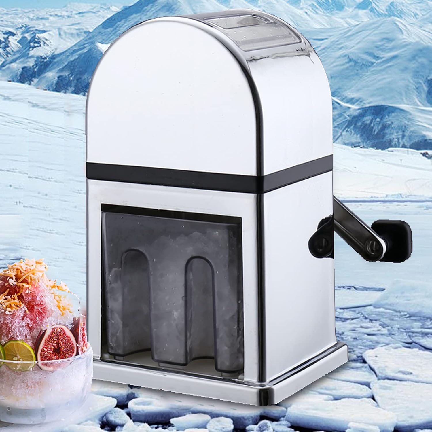 Ice Crusher Manual,Stainless Steel Household Ice Crusher Shaver for Quick Coarse,Shave or Fine Crushing of Chips Snow Cone or Slush,Hand Crank Operated Ice Crusher - Image 2