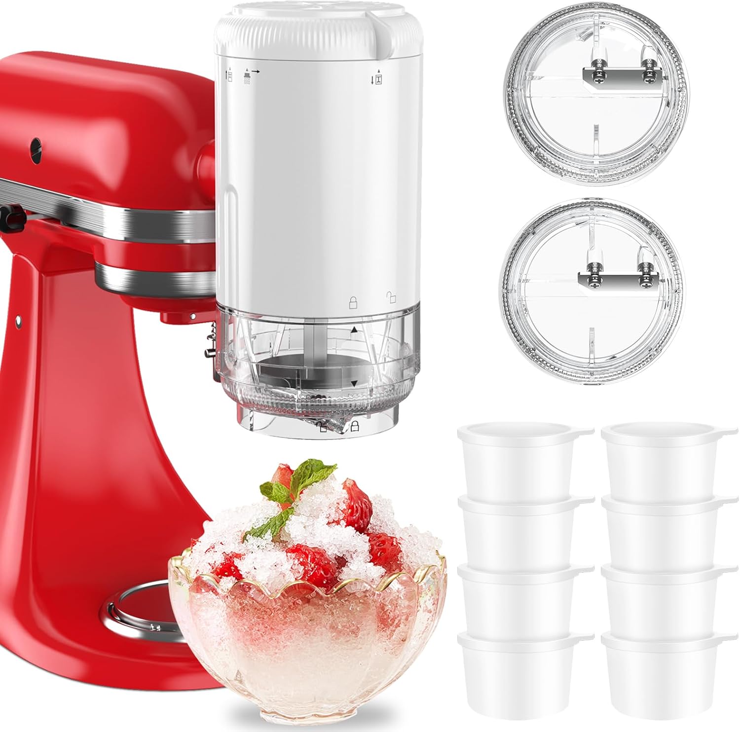 Shaved Ice Attachment for Stand Mixers with 8 Ice Molds, Ice Shaver Attachment, Snow Cone Attachment/Maker with Coarse and Fine Blades