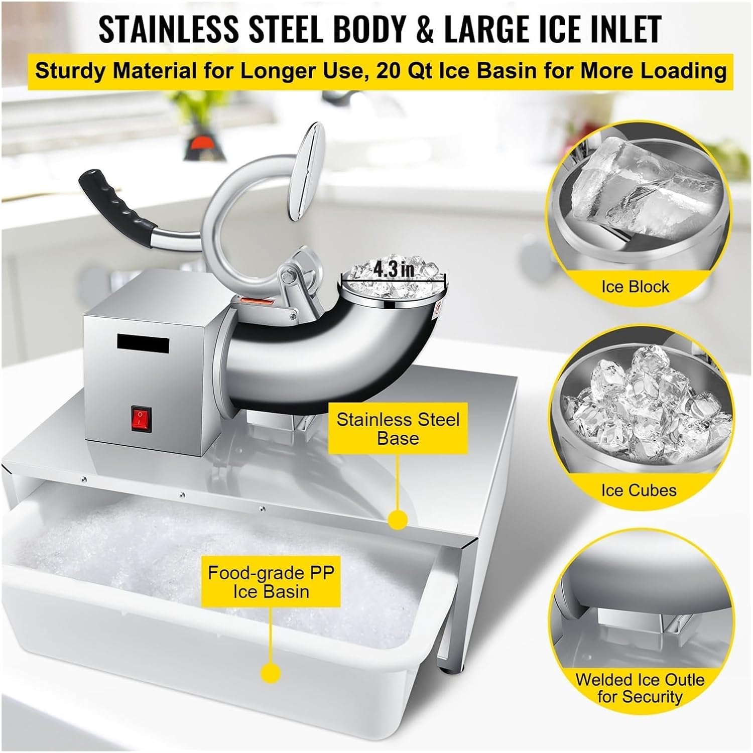 Shaved ice machine Electric Cube Ice Shaver, 1420 RPM Granizing Machine 226Kg/H Commercial Snow Cone Chopper 250W Home Slush Crusher Blender Flake Maker - Image 2